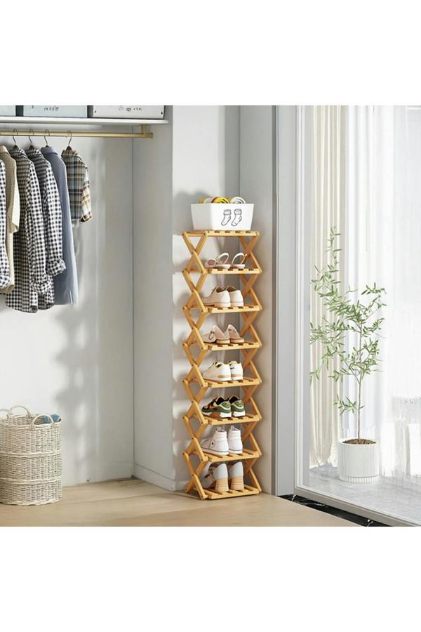 Living and Home 9 Tier Bamboo Folding Shoe Rack Shoe Storage Organiser - Natural