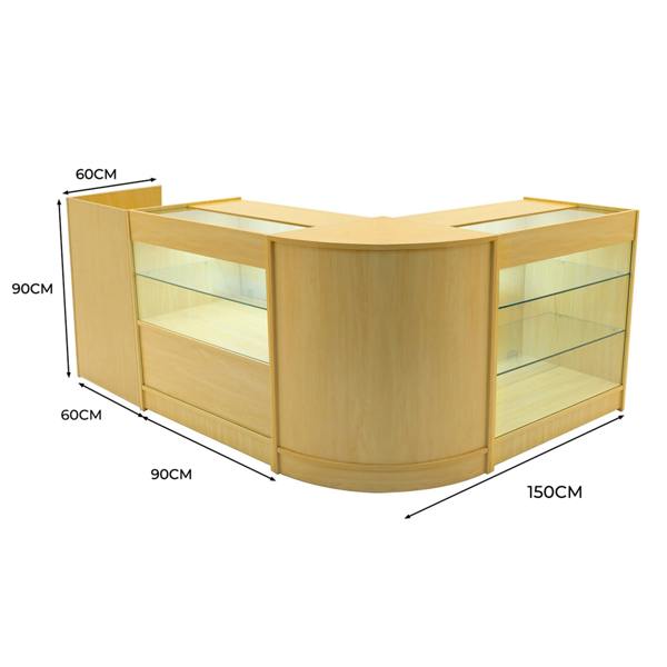 Vega LED Shop Counter Set in maple finish, featuring curved design, glass display shelves, and dimensions of 150cm x 90cm x 90cm