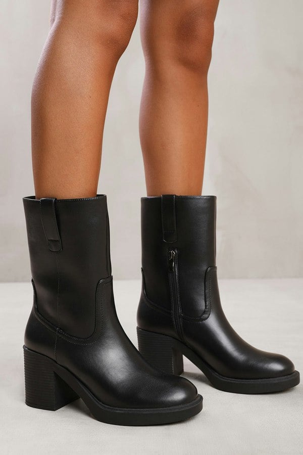 Where's That From Cherish Mid Calf Boot With Side Zip in Black Faux Leather