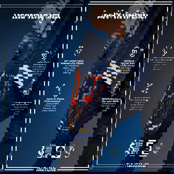 A person holds a dark-blue water bottle with a giraffe design. The bottle features a hide-away handle, hygiene cover, and wide mouth. Awards and design features are highlighted.