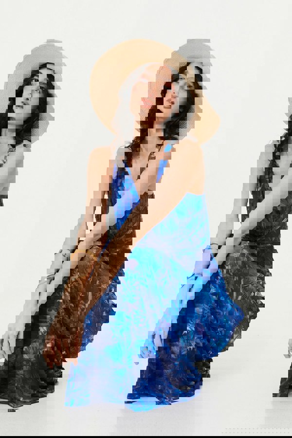 Blue | Tropical Print Strap Empire Maxi Dress
