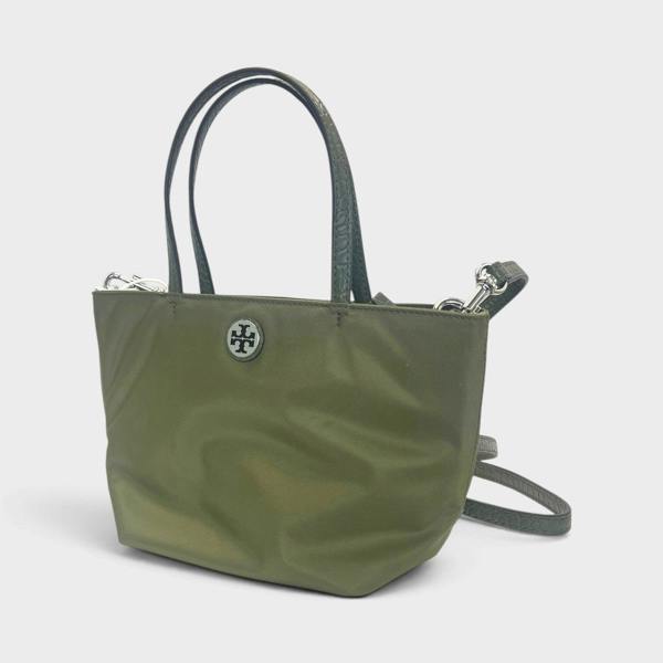 Tory Burch Nylon Mixed Materials Mini Tote Bag Green Khaki
