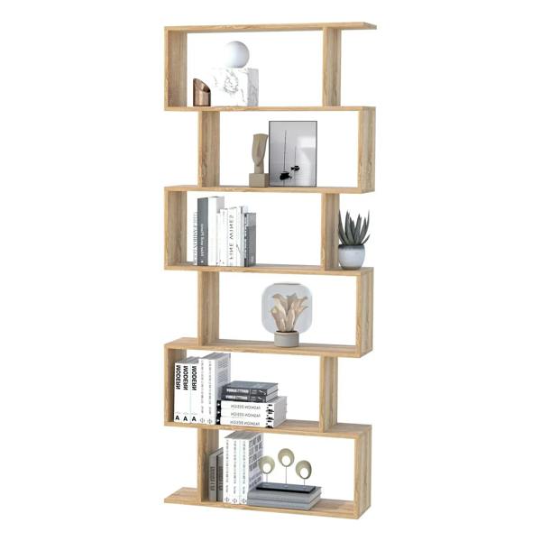Oak 6-tier S-shaped bookshelf with open shelves holding books, frames, and small decor