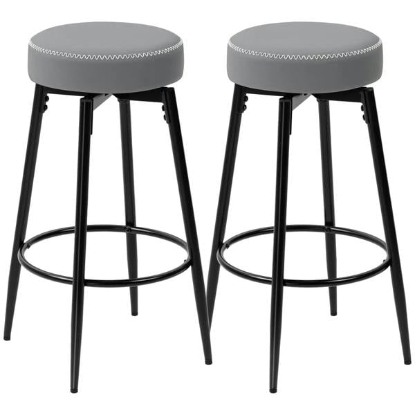 Set of two bar stools, grey round faux leather seats, black legs, ring footrest