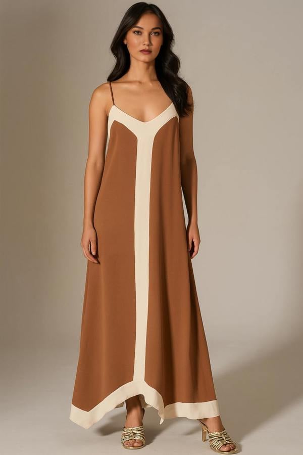 Hoxton Gal Relaxed Fit Cami Midi Dress in Brown and Beige