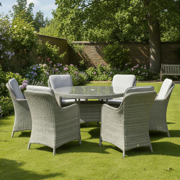 hampton rattan 6 seat dining set in dove grey with light grey cushions