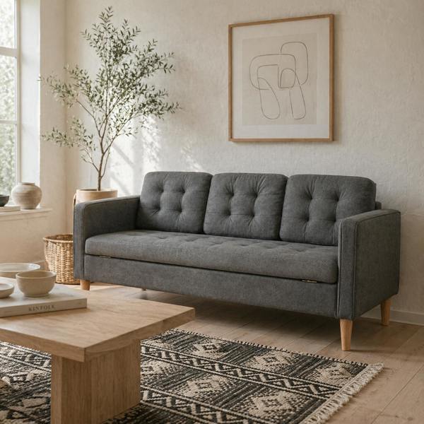 Wyld Haus Fabric Grey 3 Seater Sofa With Hidden Storage Tufted Seat And Wooden Legs