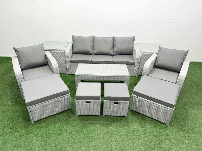 Fimous PE Wicker Rattan Furniture Sofa Sets with Oblong Coffee Table 3 Seater Sofa 4 Stools 2 Side Tables Light Grey Mixed