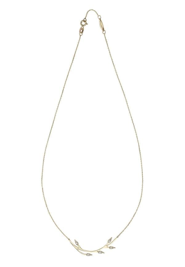 Gold necklace with small leaf-shaped pendants on a white background