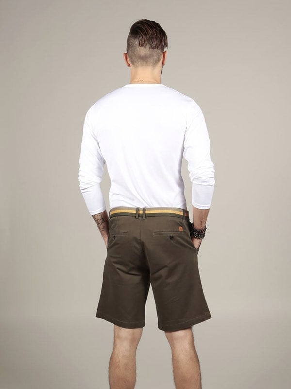 Back view of white cotton t-shirt with chino shorts