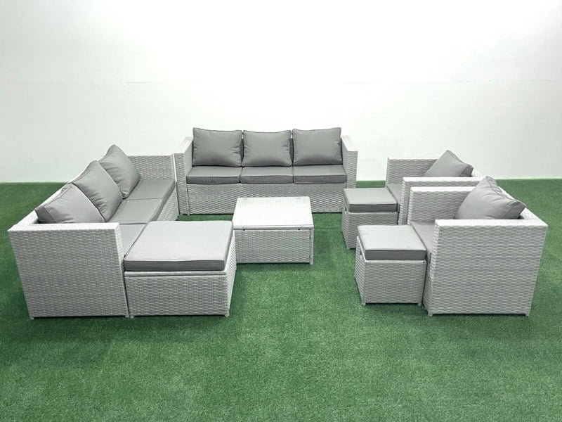 Fimous Outdoor Rattan Sofa Garden Furniture Set with 2 Armchairs Square Coffee Table 3 Footstools Light Grey Mixed