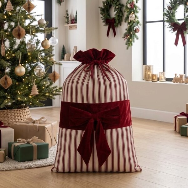 Garden Greatness Traditional Striped Faux Velvet Bow Christmas Sack
