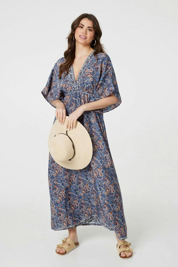 Navy | Paisley Print Kimono Sleeve Midi Dress