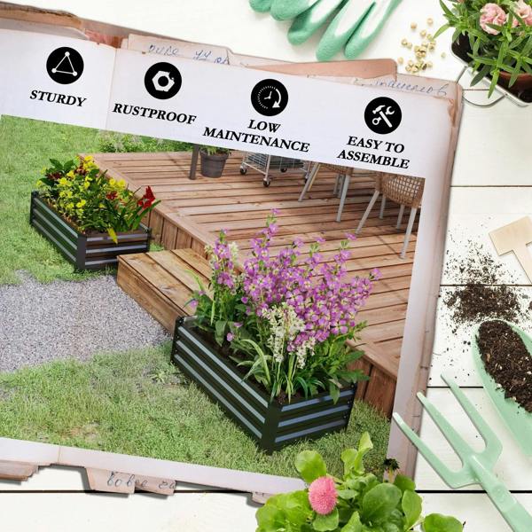 Dark grey steel raised planter boxes with flowers on wooden deck