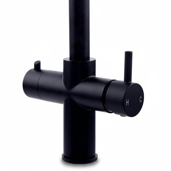 close up of a modern round neck matt black pull out boiling water tap on a white background