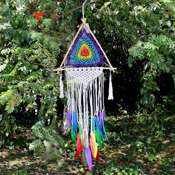 Multicolor dream catcher pyramid with white fringe and hanging feather tassels
