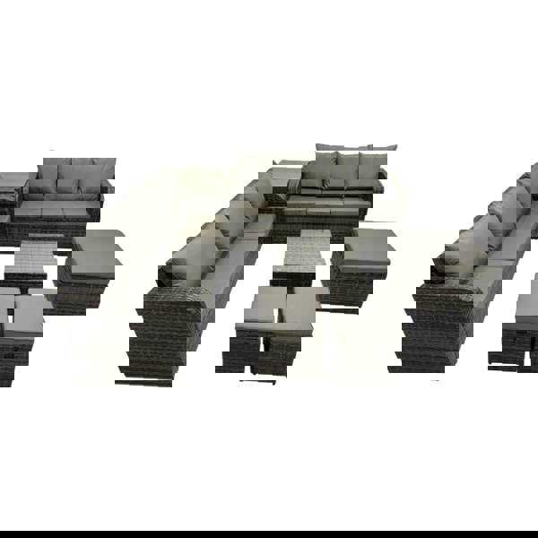 Fimous Rattan Garden Outdoor Furniture Set 3 Seater Sofa Square Coffee Table Set with Side Table 3 Stools Dark Grey Mixed