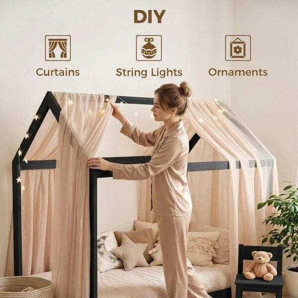 Single Bed Frame, House-Scandinavian-Style Wooden Bed Frame for 90W x 190D cm Mattress, Black