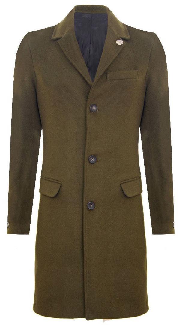 TruClothing Men's Long Olive Wool Slim Fit Overcoat