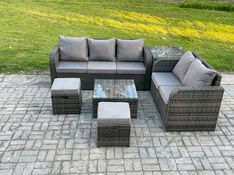 Fimous PE Rattan Garden Furniture Sets 7 Seater Outdoor Lounge Sofa Set Square Coffee Table 2 Small Footstools Side Table