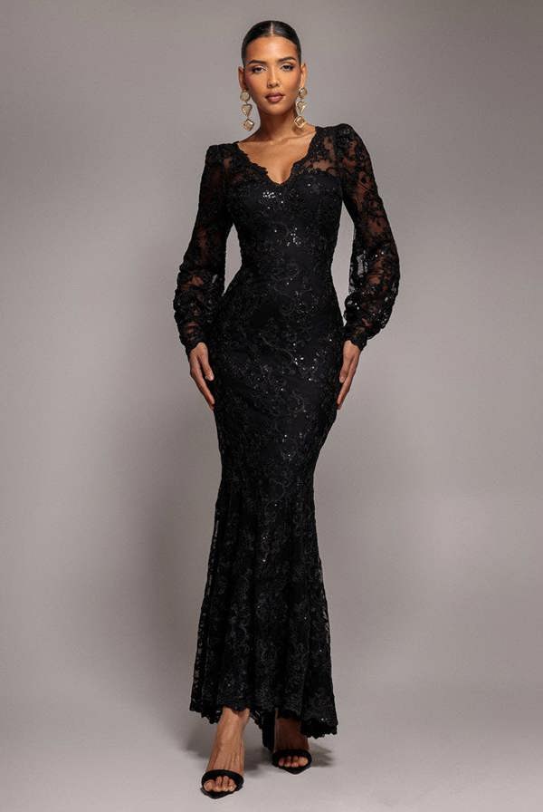 Embroidered Lace Scalloped Edge Maxi Dress - Black DR4472