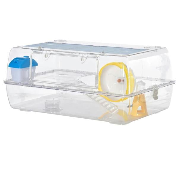 Transparent 2-tier hamster cage with blue water bottle and yellow running wheel, side view