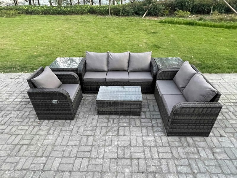 Fimous 6-Seater Outdoor Wicker Rattan Sofa Set | Rectangular Coffee Table, Reclining Chair, 3-Seater Sofa, 2 Side Tables