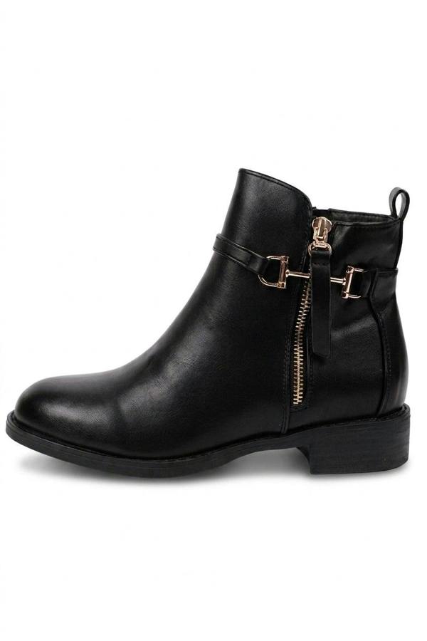 Cordelia Gold Buckle Trim Ankle Boots - Black_wb