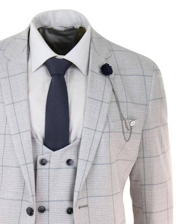 House of Cavani Mens 3 Piece Light Grey Check Tweed Vintage Retro Classic Suit