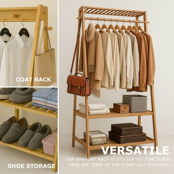BMBO Wooden Clothes Rail With 2 Shelves
