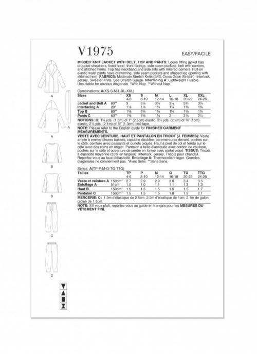 Vogue Sewing Pattern 1975, Jackets, Tops, Trousers for Women, A (XS-S-M-L-XL-XXL) - Easy