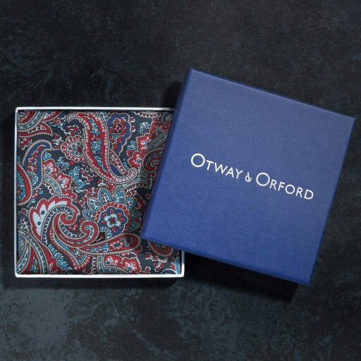 Otway & Orford 'Cypress' paisley silk pocket square in red & blue (42 x 42cm)