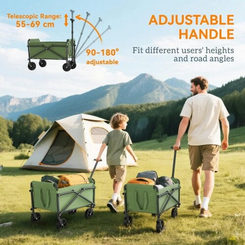 Bobobiy 41L Festival Trolley on Wheels, 60kg Heavy Duty Collapsible Foldable Wagon with Adjustable Handle and Carrying Bag for Beach, Green