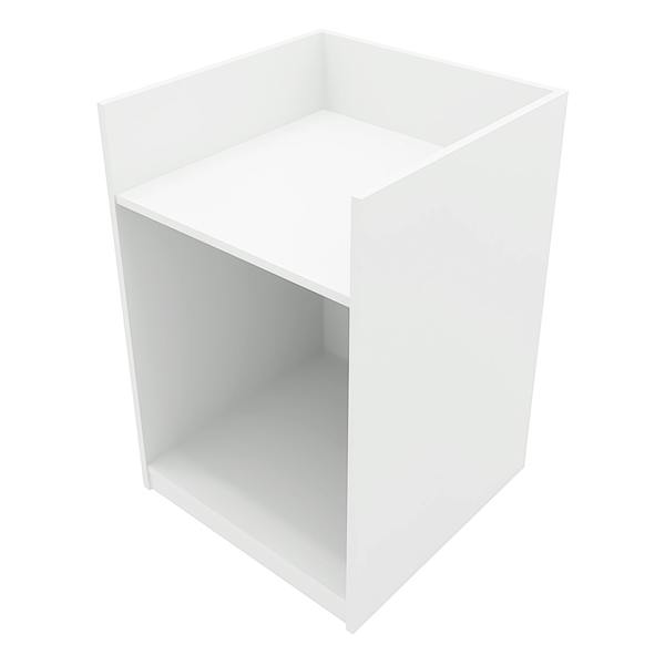 White LED shop counter set featuring a sleek, modern design with a spacious top and open shelf for storage and display