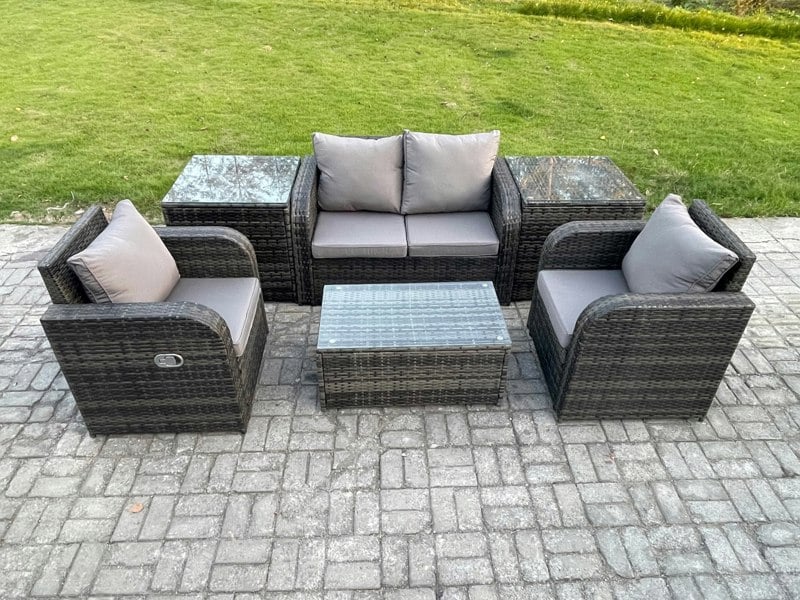 Fimous 6 PC Outdoor PE Rattan Garden Furniture Set Wicker Love Sofa Coffee Table 2 Armchair 2 Side Tables Dark Grey Mixed