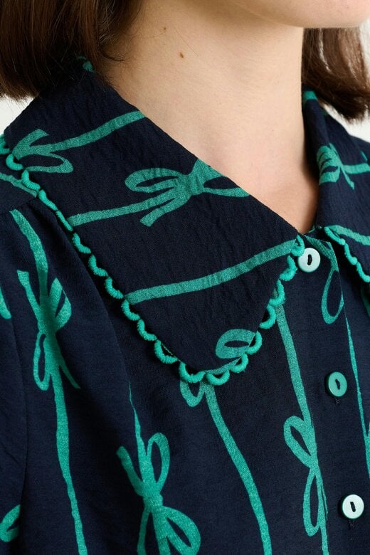 Martta Tie Up Lace Trimmed Collar Blouse - Navy