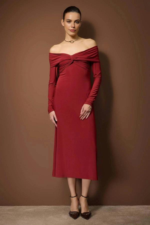 WOVCOR Carmen Collar A-Line Stretch Knit Midi Dress