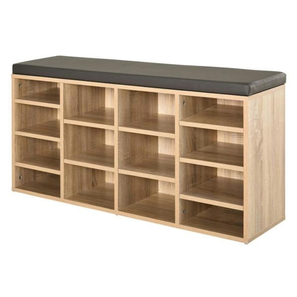 Dyzi 14 Compartment Shoe Storage Bench Removable Shelves Padded Seat Brown