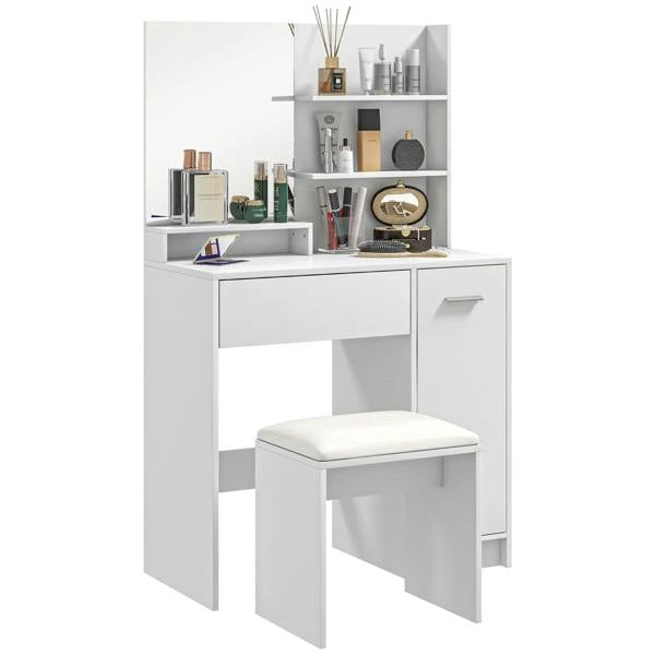 White dressing table set with storage shelves, drawers, and padded stool
