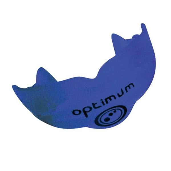 Blue Optimum Matrix mouthguard with black logo print, moulded U-shape on white background - Optimum