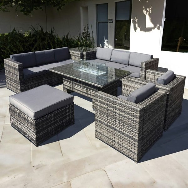 Oseasons Malta Rattan 9 Seat Rising Firepit U-Shape Set in Grey Walnut with Footstool