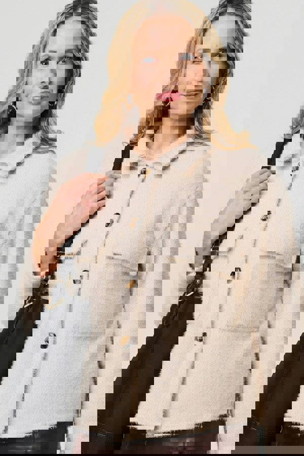 Beige | Flannel Cropped Pocket Front Shacket
