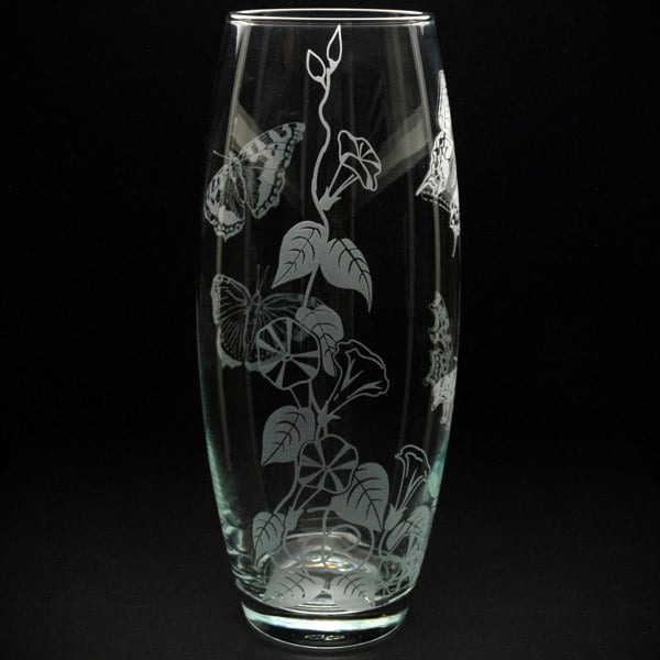 Glyptic Glass Art Convolvulus and Butterfly Glass Botanica Vase - Hand Etched/Engraved Gift