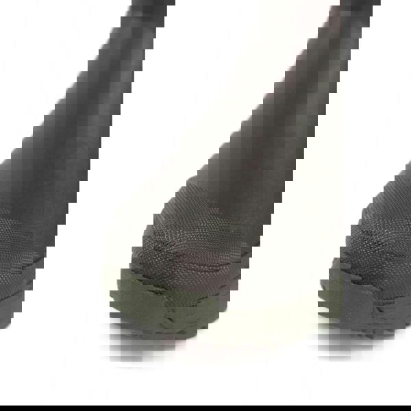 GriSport Creek Womens Mid-Cut Neoprene Country Stable Farm Wellies Boots, close-up of the black rubber boot showing its textured toe cap and green sole for farm and stable outdoor wear.