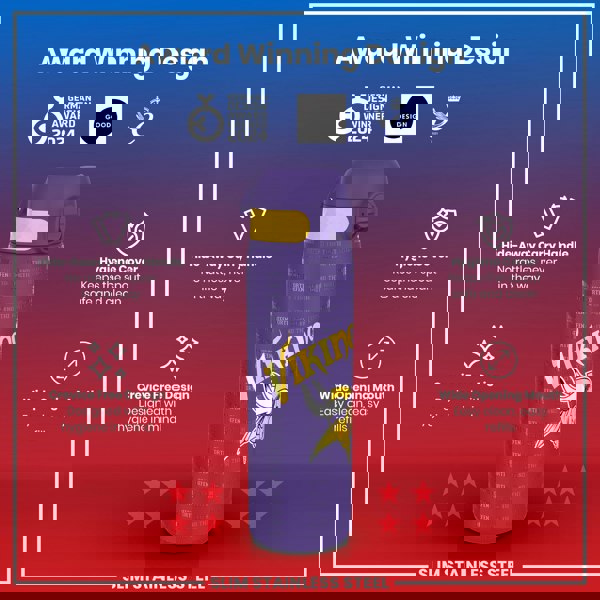 A purple and yellow slim stainless steel water bottle, featuring a Viking logo and text, sits against a red and blue background. The bottle displays several design features, including a hide-away handle, hygiene cover, and wide opening mouth. “Award Winning Design” is prominently displayed at the top.