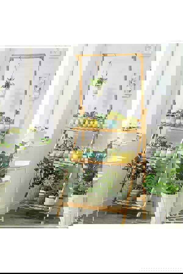 Living and Home 3-Tier Foldable Wooden Ladder Shelf with Hanging Rod