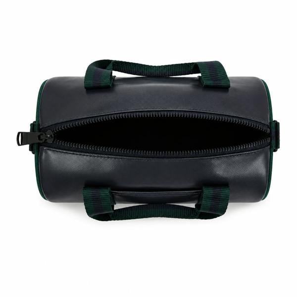 Fred Perry Classic Mini Barrel Bag in navy with green and blue striped handles, top zipper open.