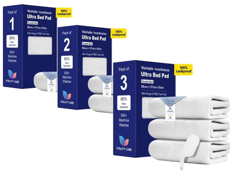 Vitality Care Incontinence Washable Double Bed Size Pads Reusable Tumble Dry Mattress Protection With Tucks  86 x 137cm
