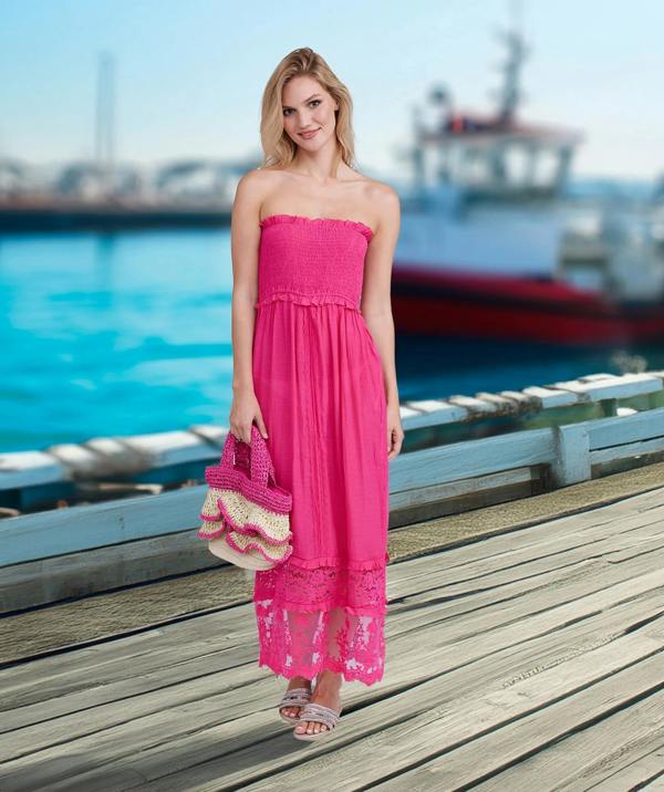 Pink Lace Trim Maxi Dress with Slip On Design