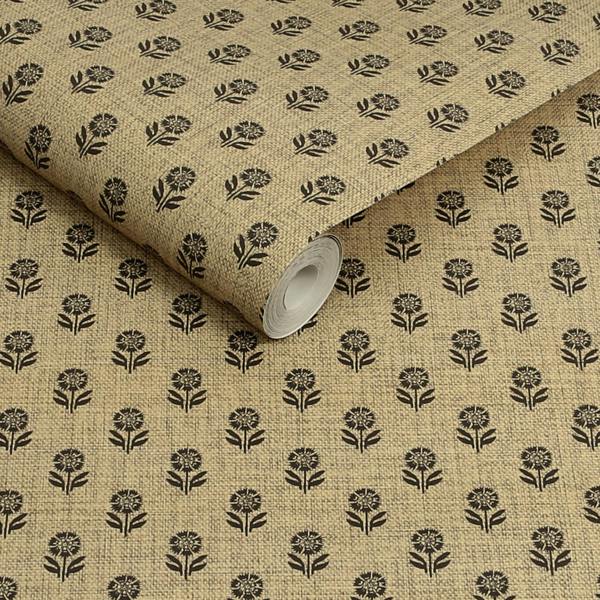 Joules Wood Block Floral Grasscloth/Brown Wallpaper
